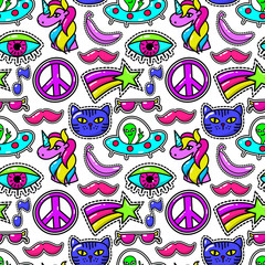 Cute vector fashioned patches with eye and pink mustache, sunglasses  rainbow star