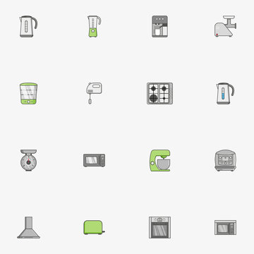 Set of flat isolated icons for kitchen equipment such as kettle, oven, microwave, blender, mixer, steamer, coffee machine, scales, meat grinder
