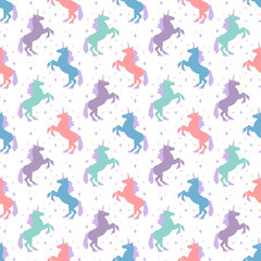Seamless pattern with unicorn silhouette. Vector illustration. Cute magic background. Fantasy wallpaper
