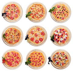 Fototapeta na wymiar Nine different Italian pizza on a circular wooden boards on a white background