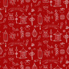 Seamless pattern Hand drawn doodle Happy Chinese New Year icons set. Vector illustration. Asian lunar festival collection. Cartoon sketch celebration elements: firecracker, golden coin envelope dragon