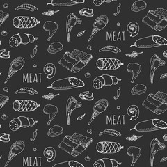Seamless pattern Hand drawn doodle set of cartoon different kind of meat and poultry. Meat set Vector illustration Sketchy elements: Lamb Pork Ham Mince Chicken Steak Bacon Sausage Salami Delicatessen