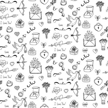 Seamless pattern with hand drawn doodle Love and Feelings collection. Vector illustration. Sketchy background for Valentine's day, wedding, love and romantic events, mother's day. Hearts, dove, ring.