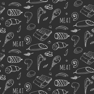 Seamless pattern Hand drawn doodle set of cartoon different kind of meat and poultry. Meat set Vector illustration Sketchy elements: Lamb Pork Ham Mince Chicken Steak Bacon Sausage Salami Delicatessen