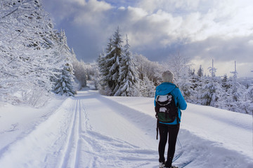 Cross country female skier admires beautiful mountains landscape