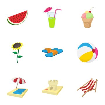 Beach vacation icons set, cartoon style