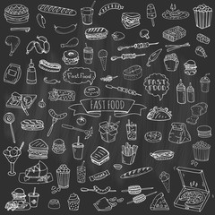 Hand drawn doodle Fast food icons set. Vector illustration. Jun food elements collection. Cartoon snack various sketch symbols: soda, burger, potato,hot dog, pizza, tacos, sweet desert, donut, popcorn