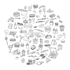 Hand drawn doodle Fast food icons set. Vector illustration. Jun food elements collection. Cartoon snack various sketch symbols: soda, burger, potato,hot dog, pizza, tacos, sweet desert, donut, popcorn