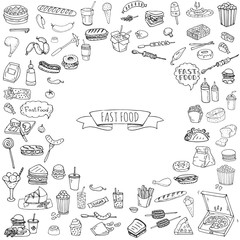 Hand drawn doodle Fast food icons set. Vector illustration. Jun food elements collection. Cartoon snack various sketch symbols: soda, burger, potato,hot dog, pizza, tacos, sweet desert, donut, popcorn