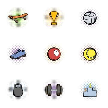 Accessories for training icons set, pop-art style