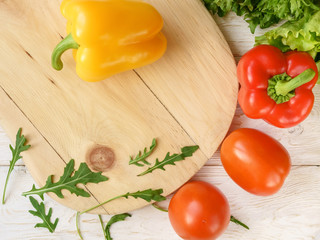 bell pepper, green salad and arugula, top view