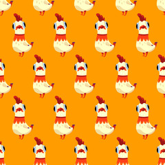 Vector seamless pattern with white cute rooster on a yellow background. New year card with funny cartoon character - the symbol of 2017. Concept for design t-shirt print, poster, stickers