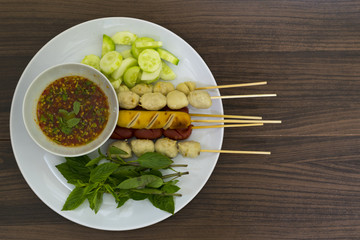 Pork, Chicken, Fish Meatball and Sausage Skewer and grill