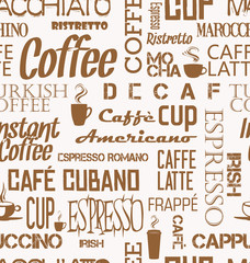 Tuile transparente de fond de mots et de symboles de café