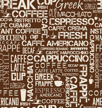Background seamless tile of coffee words and symbols 