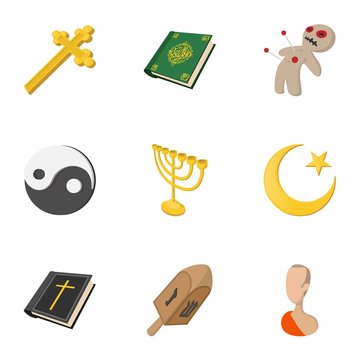 Beliefs icons set, cartoon style