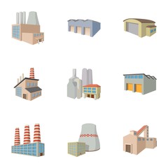 Factory icons set, cartoon style
