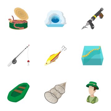 Angling icons set, cartoon style