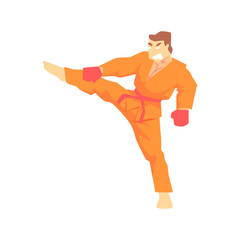 Man In Orange Kimono Taekwondo Martial Arts Fighter, Fighting Sports Professional In Traditional Fighting Sportive Clothing
