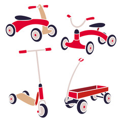 Vintage Kids Toys Bicycle, Kick Scooter, Red Wagon. Vector Collection