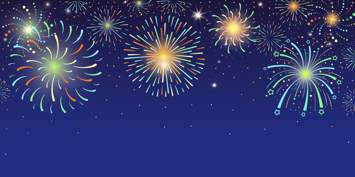 Festive horizontal banner with bright colorful firework lights exploding at night sky vector illustration