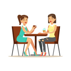 Fototapeta na wymiar Happy Best Friends Drinking Coffee In Cafe, Part Of Friendship Illustration Series