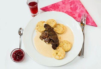 Venison rump, sauce, dumpling