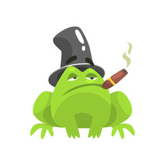 Green Frog Funny Character With Top Hat And Cuban Cigar Childish Cartoon Illustration