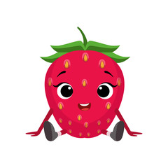 Big Eyed Cute Girly Strawberry Character Sitting, Emoji Sticker With Baby Berry