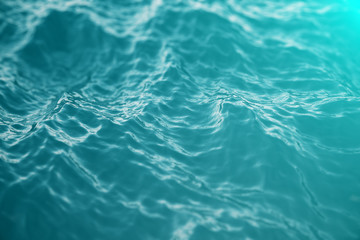 Blue water background with ripples, sea, ocean wave low angle view. Close-up Nature background. Soft focus with selective focus, 3d rendering