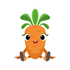 Big Eyed Cute Girly Carrot Character Sitting, Emoji Sticker With Baby Vegetable