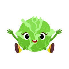 Big Eyed Cute Girly Cabbage Character Sitting, Emoji Sticker With Baby Vegetable