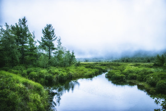 A waterway in the Acadia National Park in Maine. Low cloud and mist. 