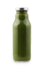 Avocado and spinach smoothie juice bottle isolated on white background