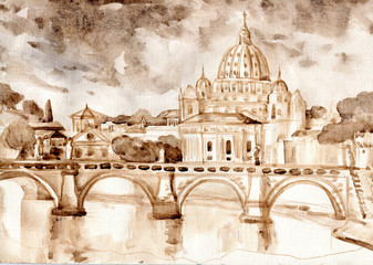 Watercolor painting. Rome. Bridge and Cathedral of St. Peter - 133772594