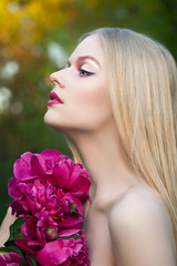 girl with flowers, beauty, girl with peonies, model with flowers, girl in a wreath of flowers, wreath of flowers