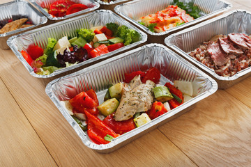 Healthy food in boxes, diet concept.