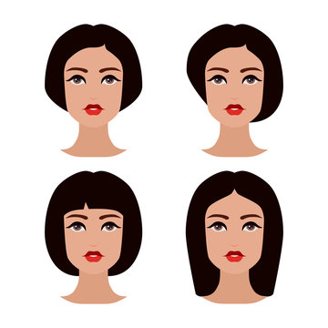 Cute beautiful young girls face with various hair style. Brunette women. Set of avatars. Vector collection