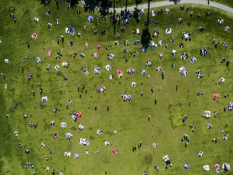 Overhead View Of People In City Park  On Summer Day