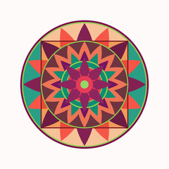 Mandala tattoo icon. Geometric round stylized ornament. Harmony, luck, infinity symbol. Turquoise, brown, orange, violet colored. Vector