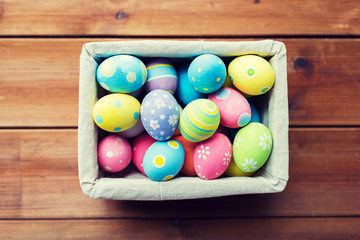 close up of colored easter eggs in basket