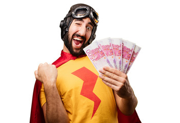 crazy super hero with 500 euro bills - obrazy, fototapety, plakaty