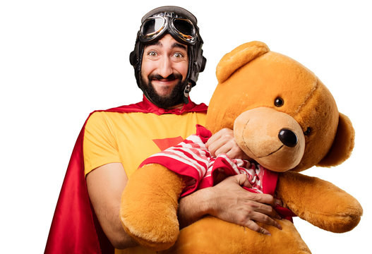 crazy super hero with teddy bear