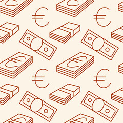 Currency seamless pattern. Euro signs. Texture with EUR money sign symbols. Dark objects on light background. Brown colors. Vector - 133775962