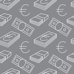 Euro currency seamless pattern. Texture with EUR money sign symbols. Light gray objects on dark background. Vector