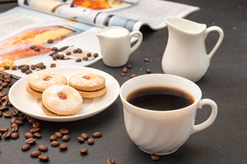 Coffee break. Morning breakfast. Cup of coffee and cookies