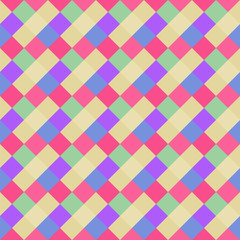 Seamless geometric pattern. Diagonal square, braiding, woven line background. Strapwork texture in bright, variegated, kitsch, festival, clown, holiday colors. Pink, blue colored. Rhomb figure. Vector