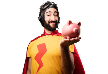crazy super hero with piggy bank