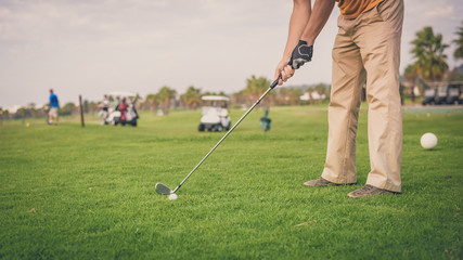 Fototapeta premium Closeup view of active man holding club playing golf on palm tree grass field outdoors background.
