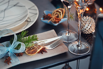 Winter table setting with Christmas decoration